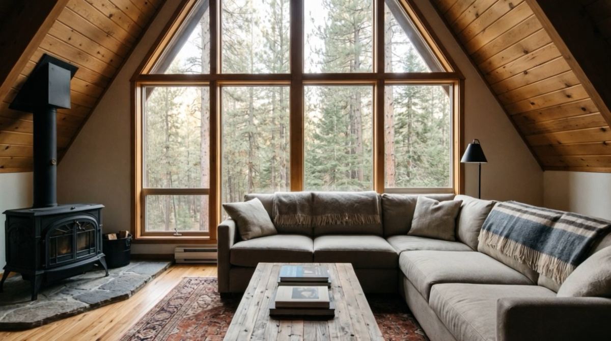 Example A-frame living room with a tall window wall