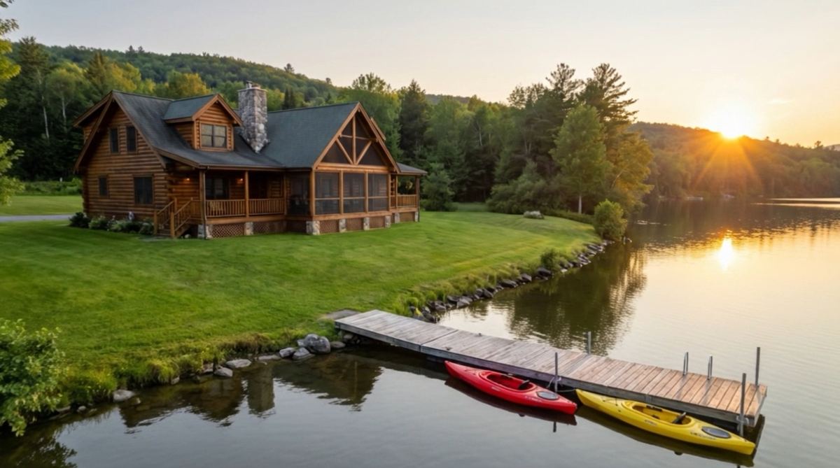 Example log cabin on a lake with a dock and kayaks